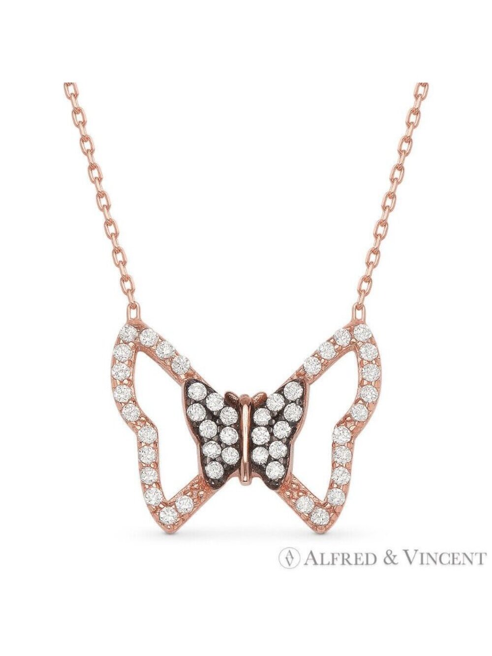 Butterfly Charm CZ Crystal Pendant in .925 Sterling Silver w/ 18k Rose Gold